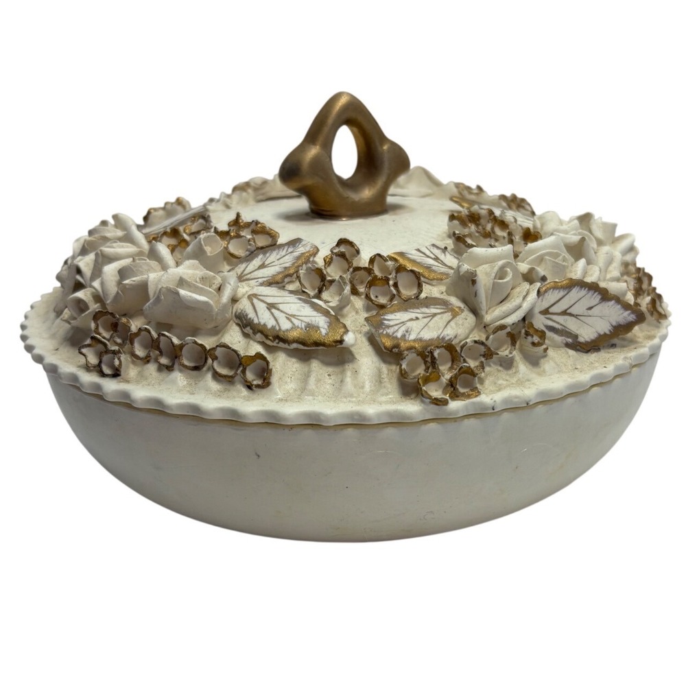 Capodimonte Style Porcelain Floral Covered Trinket Dish Gold Accents Vintage